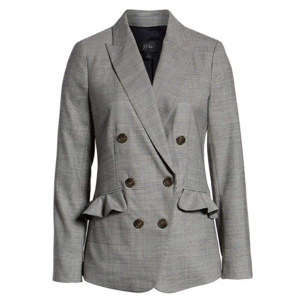 J Crew Wool Glen Plaid Ruffle Pocket Jacket Blazer Double Breasted Size: 0 J5630